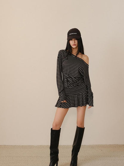 FU FRESH UP Pleated Striped Knit Asymmetric Relaxed Women&