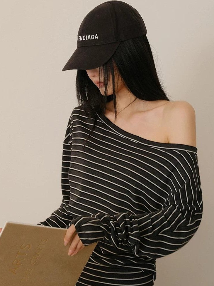 FU FRESH UP Pleated Striped Knit Asymmetric Relaxed Women&