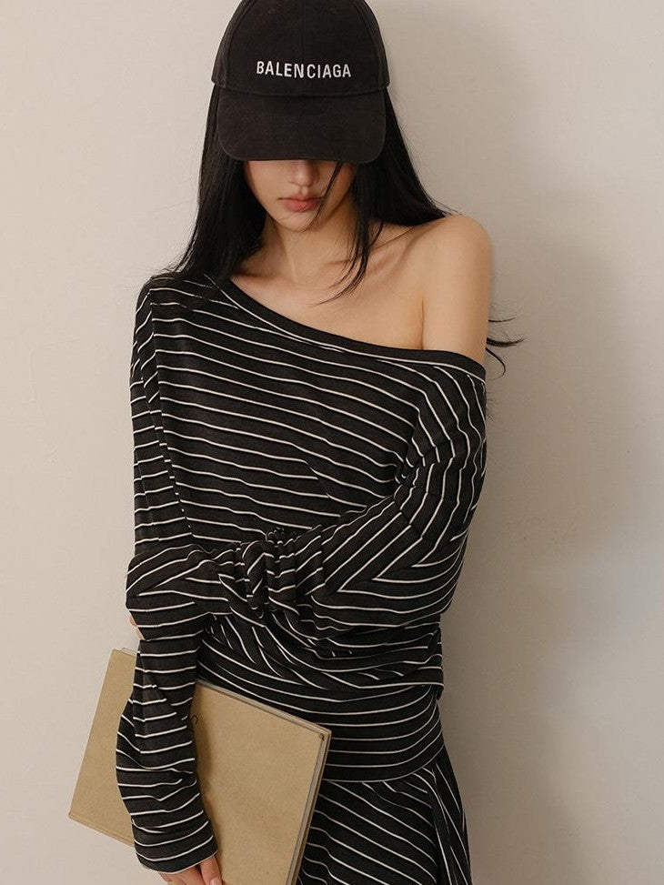 FU FRESH UP Pleated Striped Knit Asymmetric Relaxed Women&