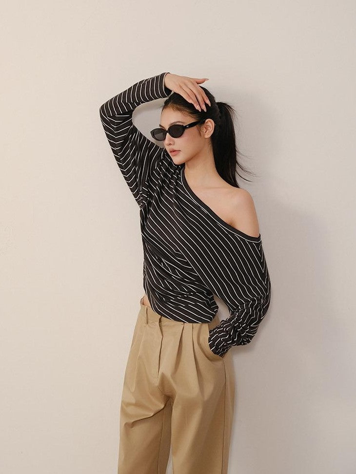 FU FRESH UP Pleated Striped Knit Asymmetric Relaxed Women&