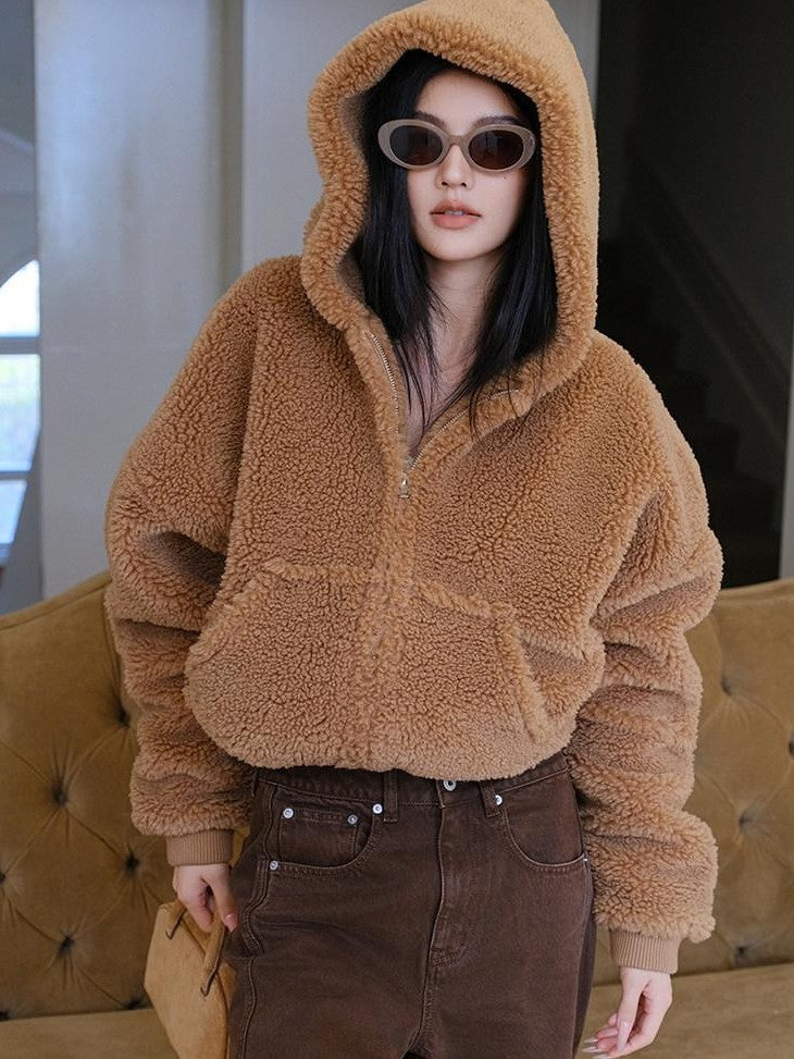 FU FRESH UP Plush Hooded Zip Cropped Cuffed Side Pocket Women&