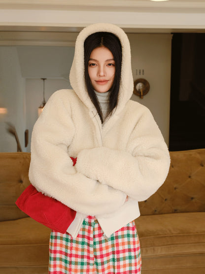 FU FRESH UP Plush Hooded Zip Cropped Cuffed Side Pocket Women&