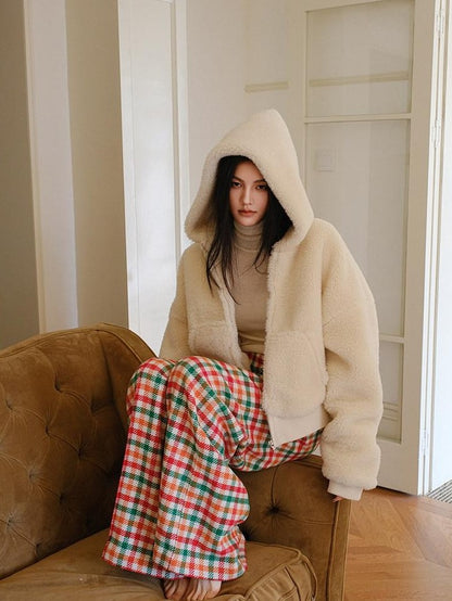 FU FRESH UP Plush Hooded Zip Cropped Cuffed Side Pocket Women&