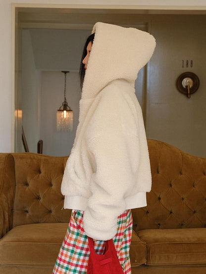 FU FRESH UP Plush Hooded Zip Cropped Cuffed Side Pocket Women&