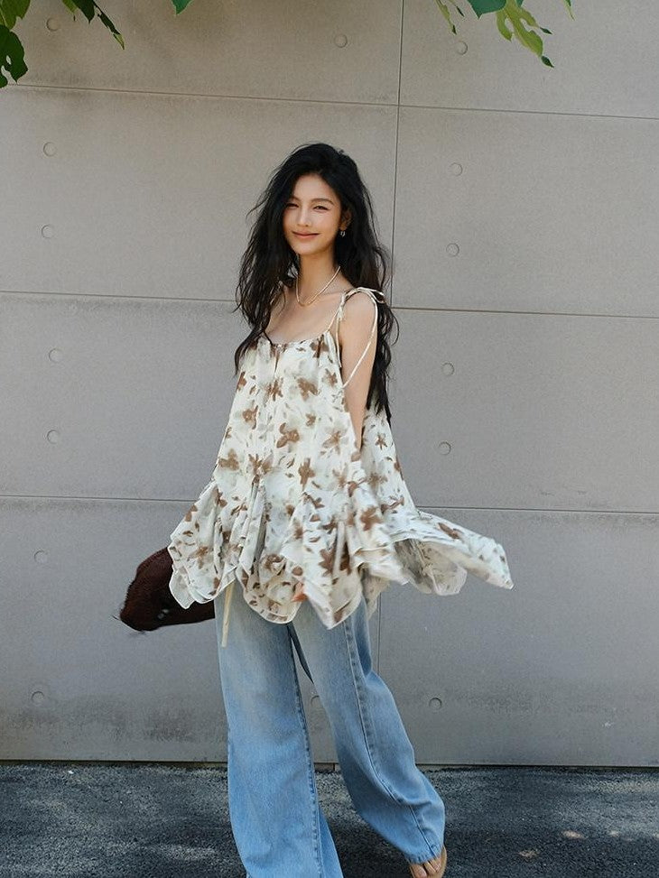 FU FRESH UP Printed Chiffon A Line Strappy Women&