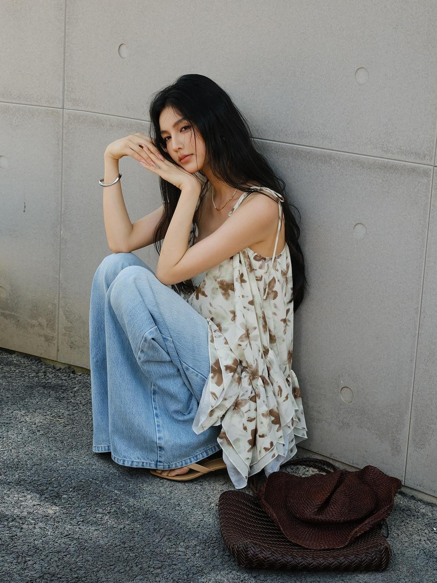 FU FRESH UP Printed Chiffon A Line Strappy Women&