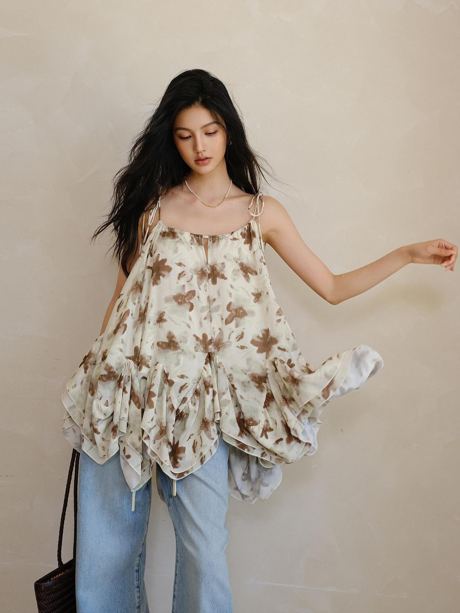 FU FRESH UP Printed Chiffon A Line Strappy Women&