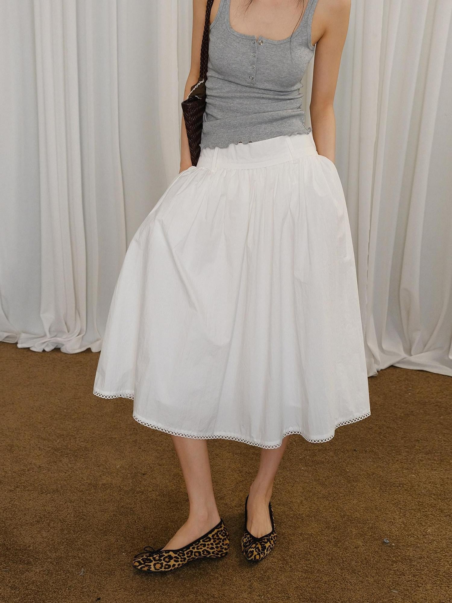 FU FRESH UP Puff Micro Pleated Lace Trim Elastic Waist Women&