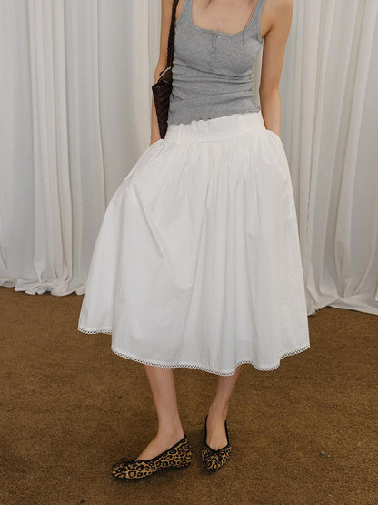 FU FRESH UP Puff Micro Pleated Lace Trim Elastic Waist Women&