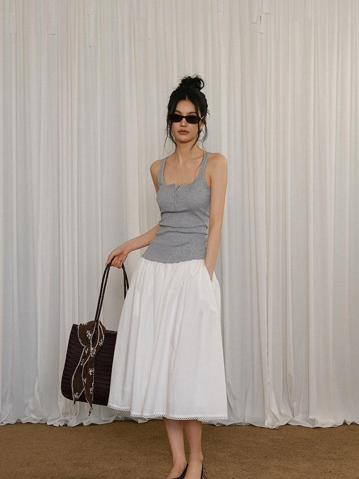 FU FRESH UP Puff Micro Pleated Lace Trim Elastic Waist Women&