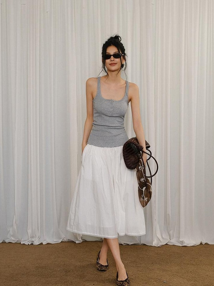 FU FRESH UP Puff Micro Pleated Lace Trim Elastic Waist Women&