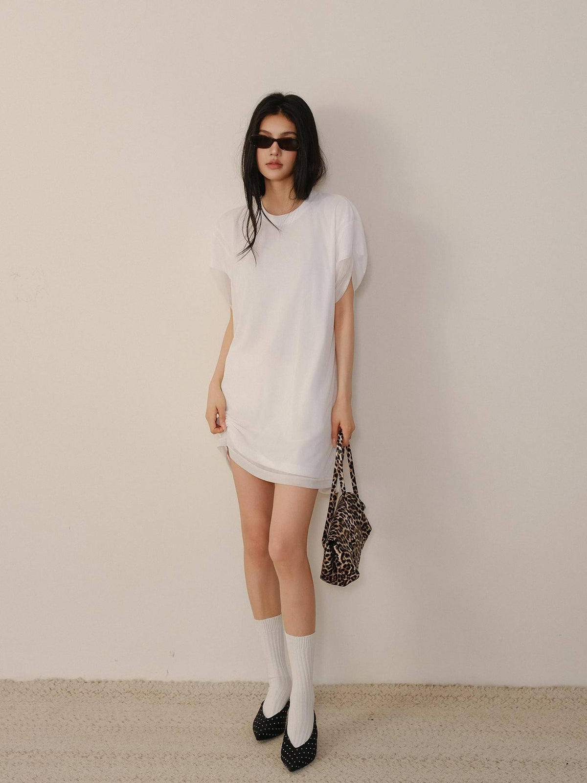 FU FRESH UP Relaxed Lace Mesh Sleeve Faux Two Piece Women&