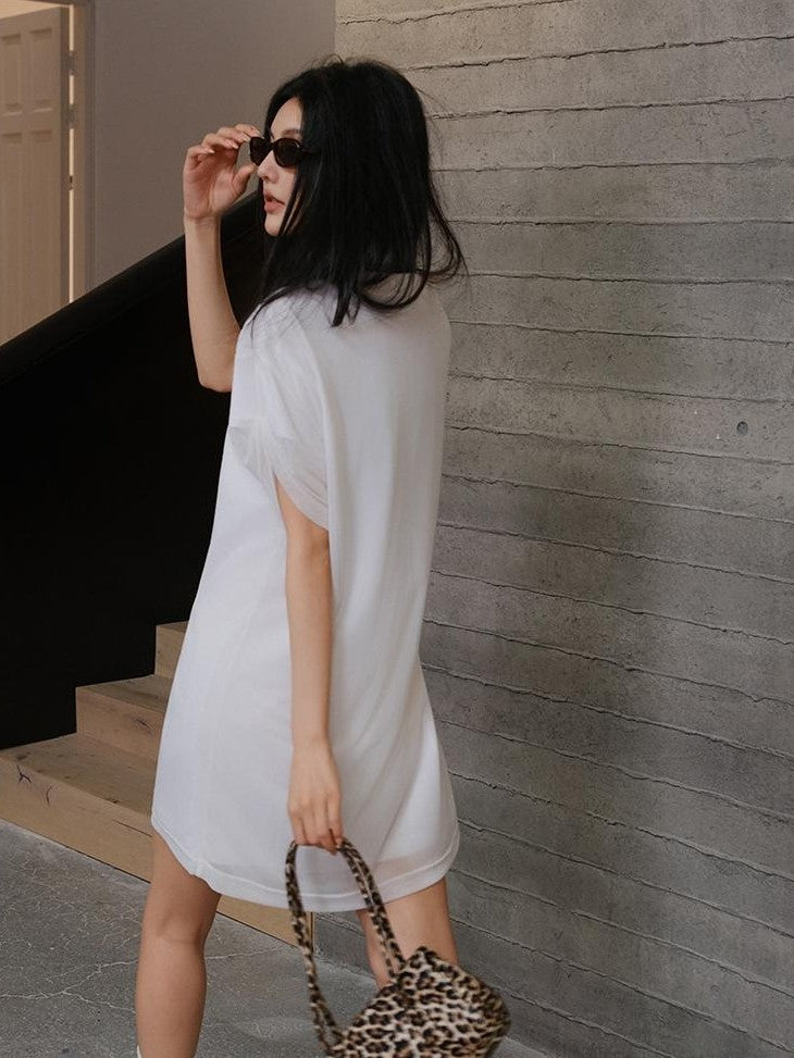FU FRESH UP Relaxed Lace Mesh Sleeve Faux Two Piece Women&