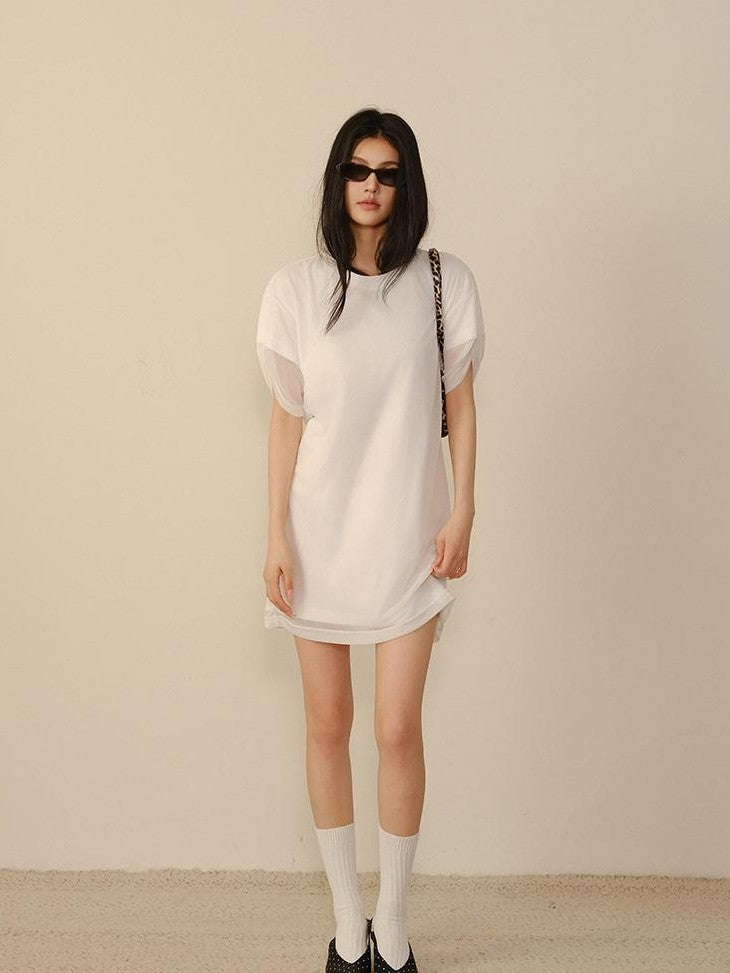 FU FRESH UP Relaxed Lace Mesh Sleeve Faux Two Piece Women&