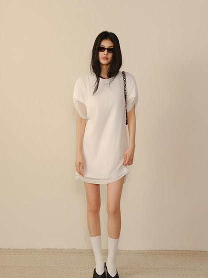 FU FRESH UP Relaxed Lace Mesh Sleeve Faux Two Piece Women&