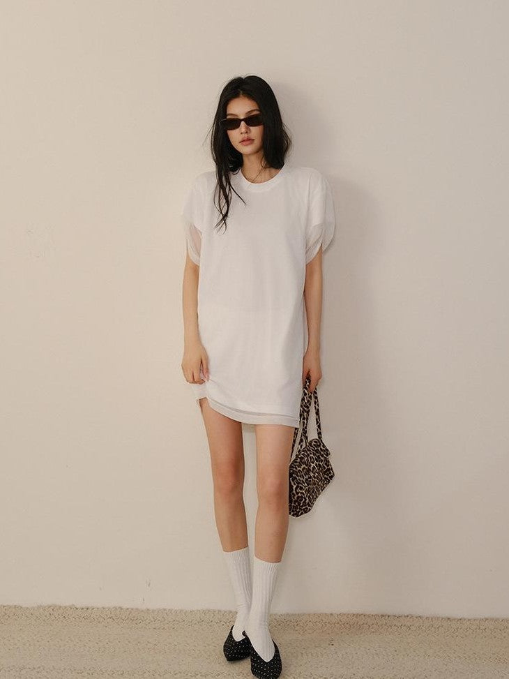 FU FRESH UP Relaxed Lace Mesh Sleeve Faux Two Piece Women&