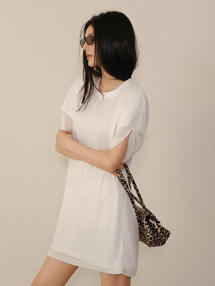 FU FRESH UP Relaxed Lace Mesh Sleeve Faux Two Piece Women&