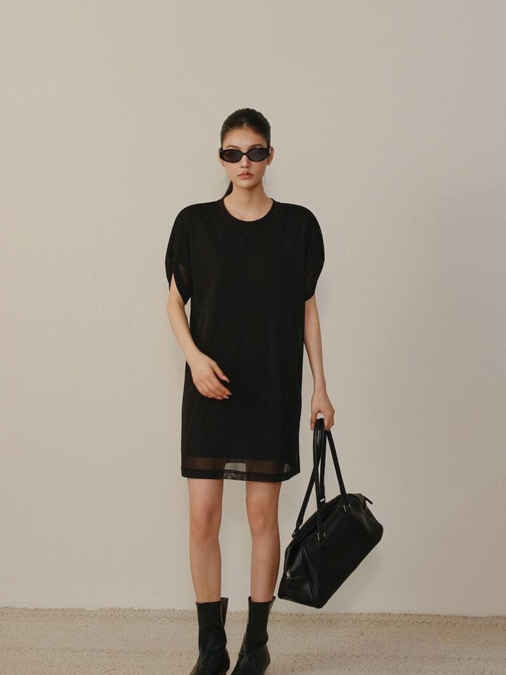 FU FRESH UP Relaxed Lace Mesh Sleeve Faux Two Piece Women&