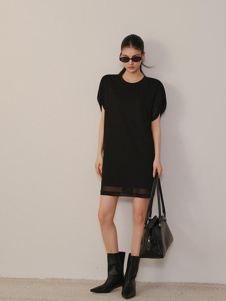 FU FRESH UP Relaxed Lace Mesh Sleeve Faux Two Piece Women&