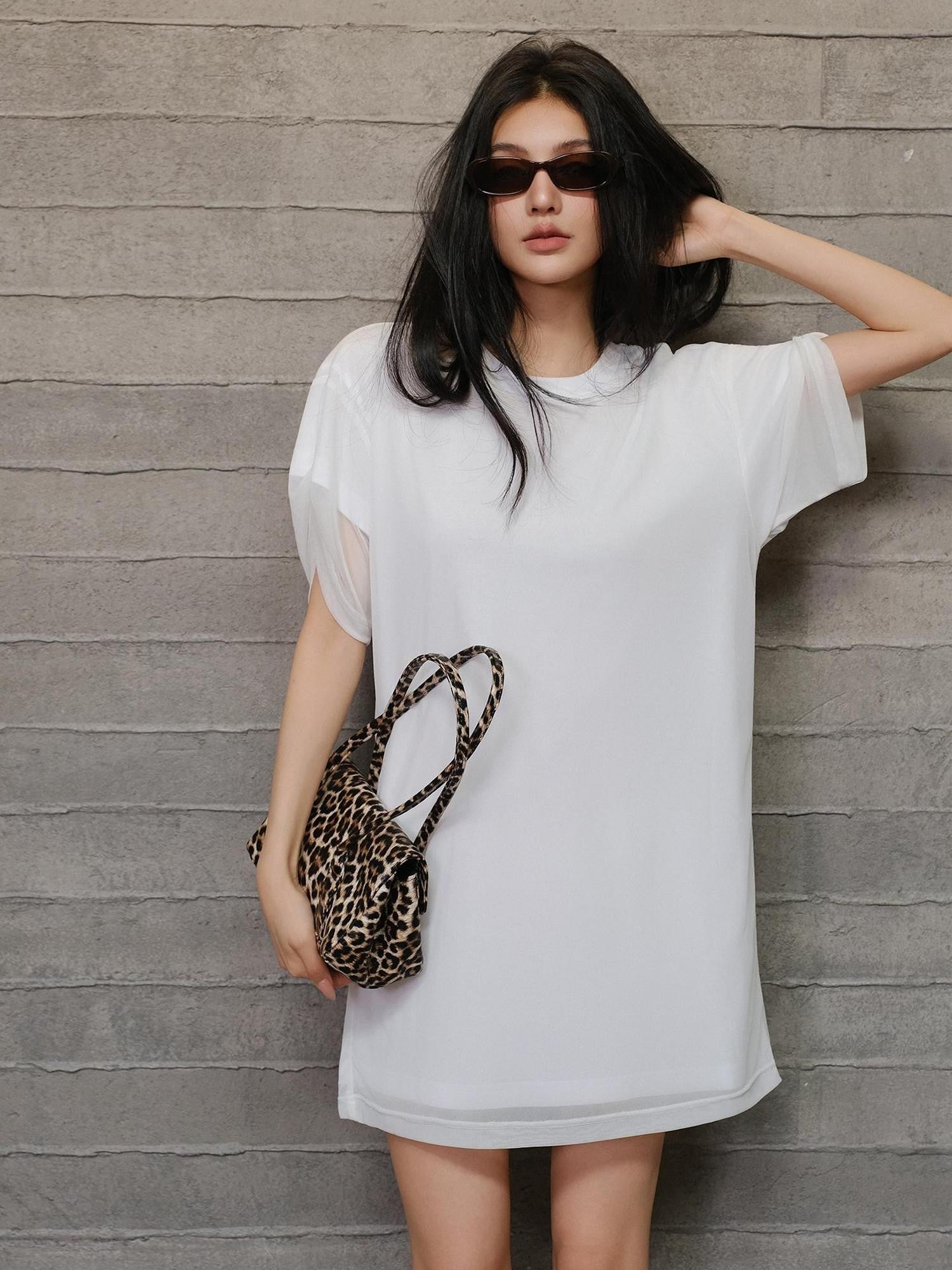 FU FRESH UP Relaxed Lace Mesh Sleeve Faux Two Piece Women&