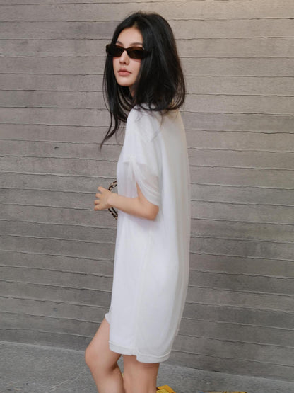 FU FRESH UP Relaxed Lace Mesh Sleeve Faux Two Piece Women&
