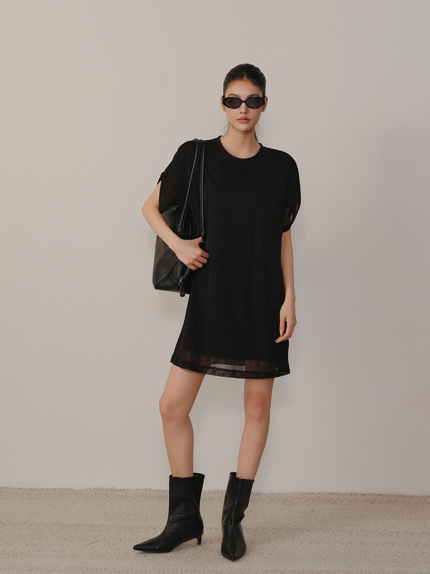 FU FRESH UP Relaxed Lace Mesh Sleeve Faux Two Piece Women&