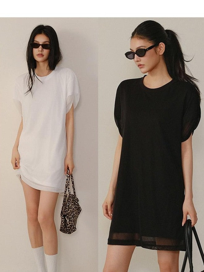 FU FRESH UP Relaxed Lace Mesh Sleeve Faux Two Piece Women&