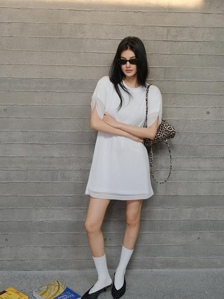 FU FRESH UP Relaxed Lace Mesh Sleeve Faux Two Piece Women&