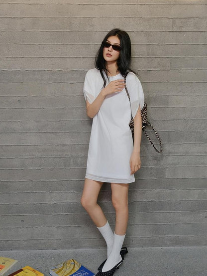 FU FRESH UP Relaxed Lace Mesh Sleeve Faux Two Piece Women&