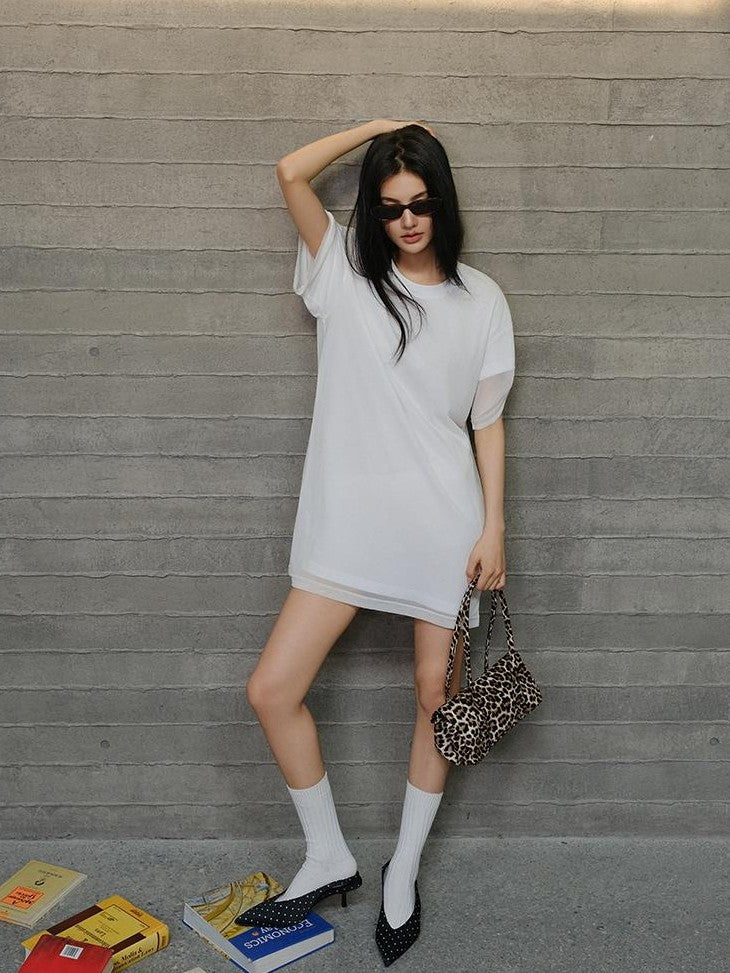 FU FRESH UP Relaxed Lace Mesh Sleeve Faux Two Piece Women&