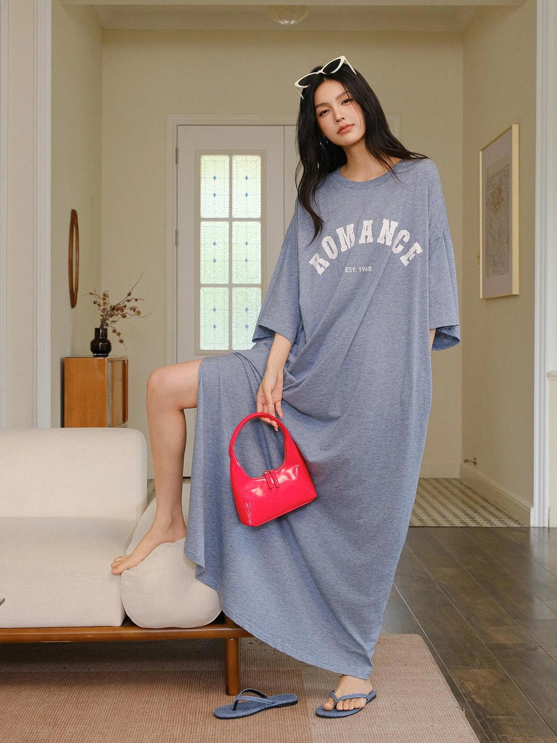 FU FRESH UP Relaxed Lyocell Cotton Print Maxi Dress V-neck T-shirt Long Sleeve