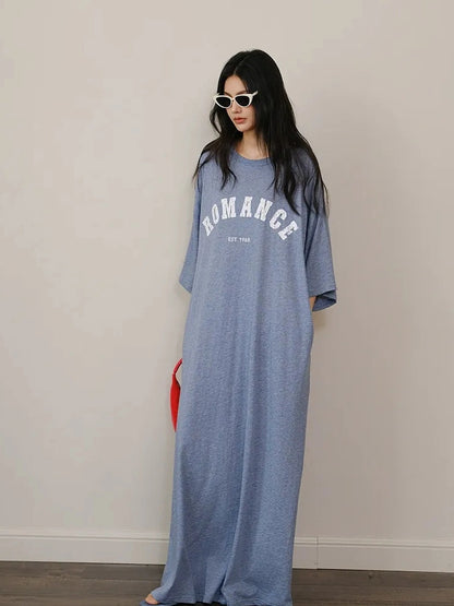 FU FRESH UP Relaxed Lyocell Cotton Print Maxi Dress V-neck T-shirt Long Sleeve