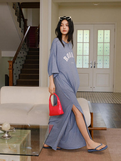 FU FRESH UP Relaxed Lyocell Cotton Print Maxi Dress V-neck T-shirt Long Sleeve