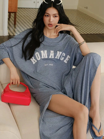 FU FRESH UP Relaxed Lyocell Cotton Print Maxi Dress V-neck T-shirt Long Sleeve