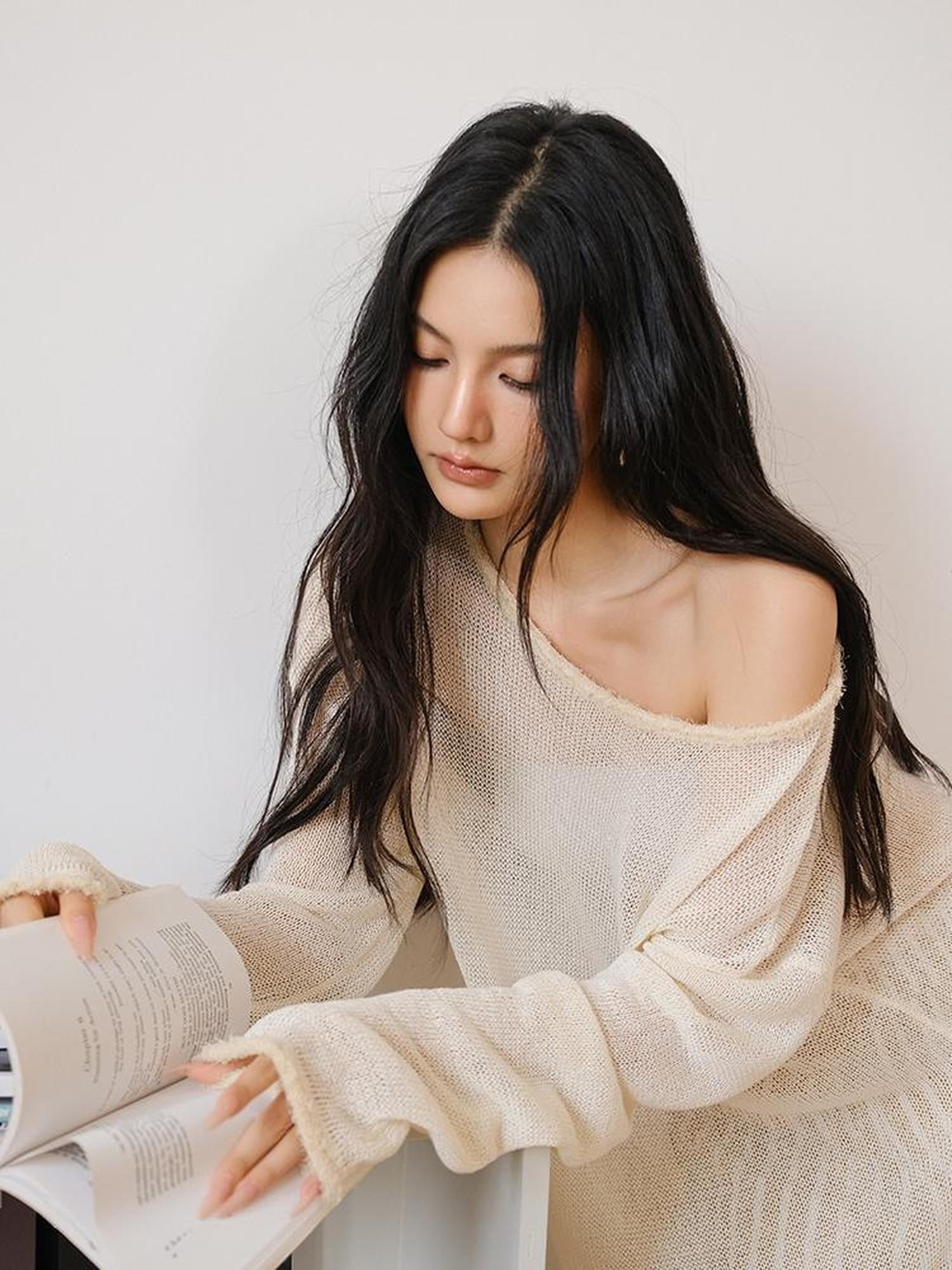 FU FRESH UP Relaxed Sheer Paper Yarn Asymmetric Shoulder Women&
