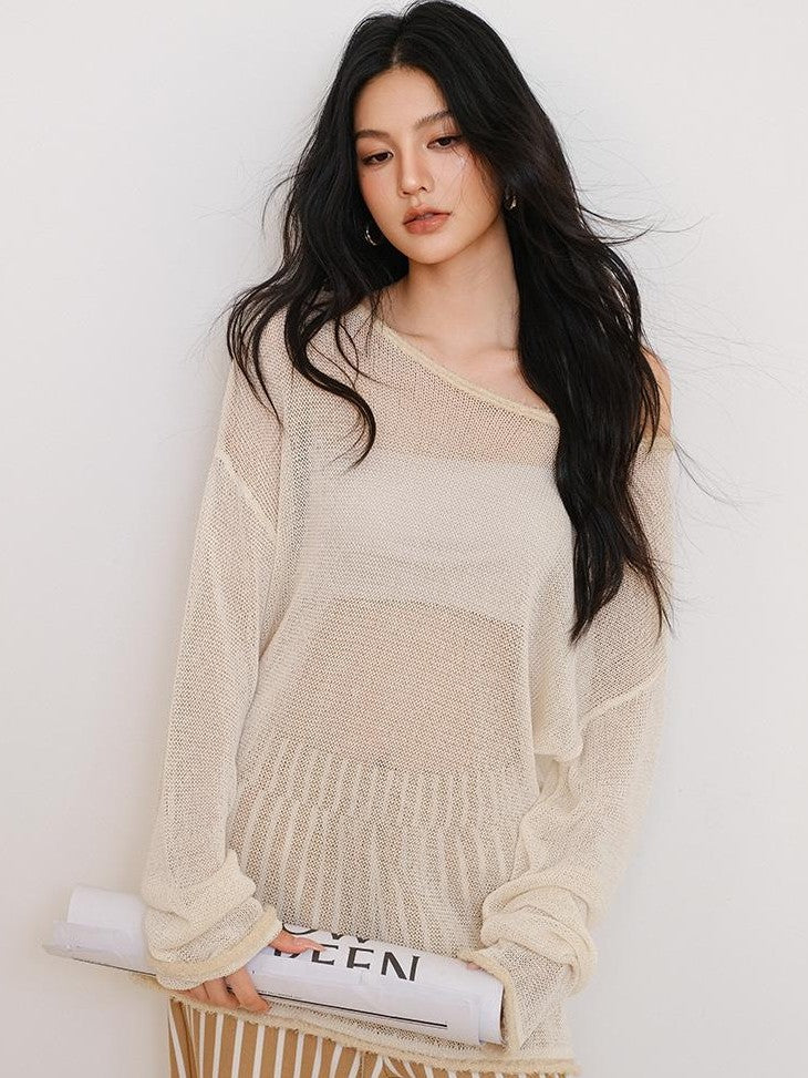 FU FRESH UP Relaxed Sheer Paper Yarn Asymmetric Shoulder Women&