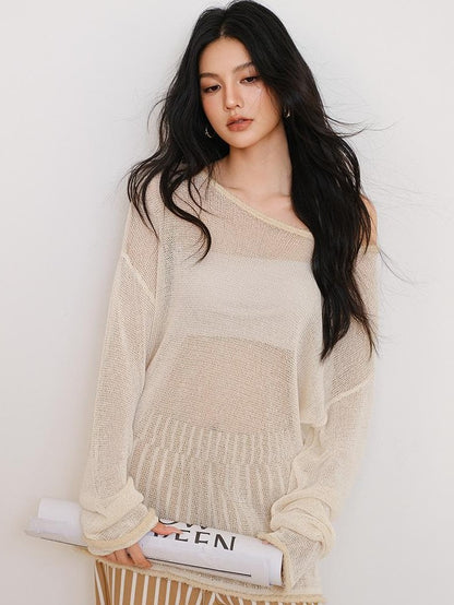 FU FRESH UP Relaxed Sheer Paper Yarn Asymmetric Shoulder Women&