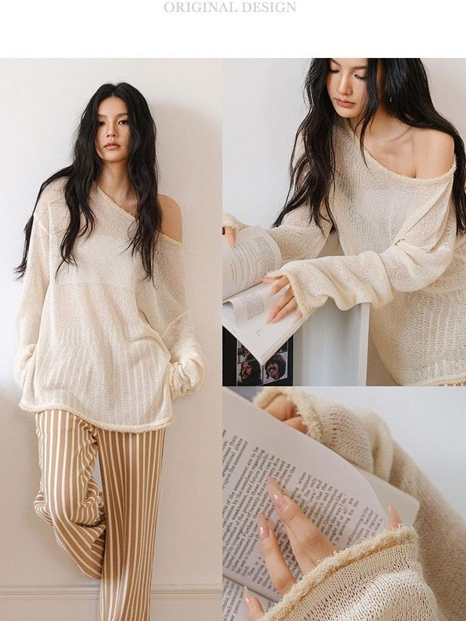 FU FRESH UP Relaxed Sheer Paper Yarn Asymmetric Shoulder Women&