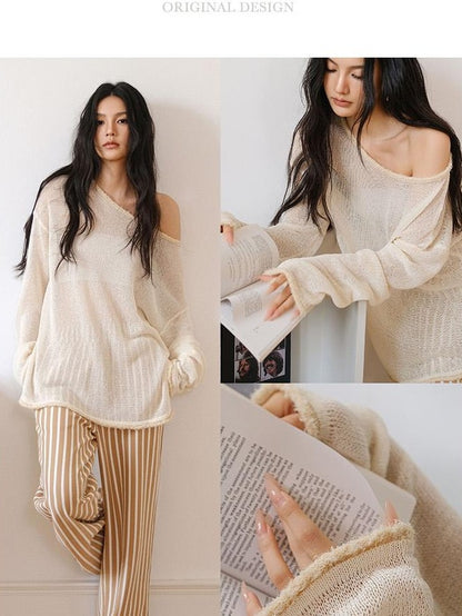 FU FRESH UP Relaxed Sheer Paper Yarn Asymmetric Shoulder Women&