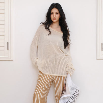FU_FRESH_UP_Relaxed_Slip_Stitch_Paper_Yarn_Off_Shoulder_V-neck_T-shirt_Long_Sleeve_MISSTT