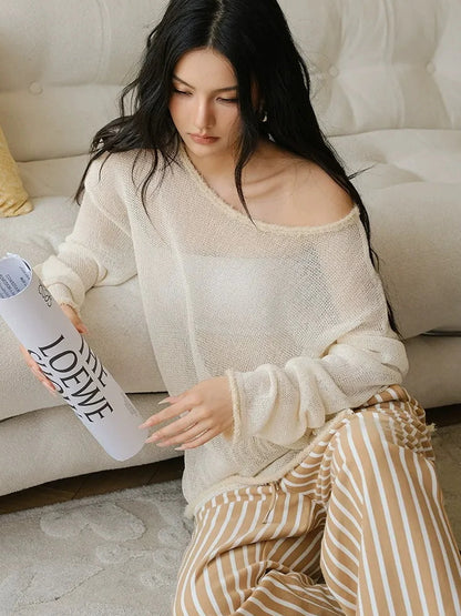 FU FRESH UP Relaxed Slip Stitch Paper Yarn Off Shoulder V-neck T-shirt Long Sleeve