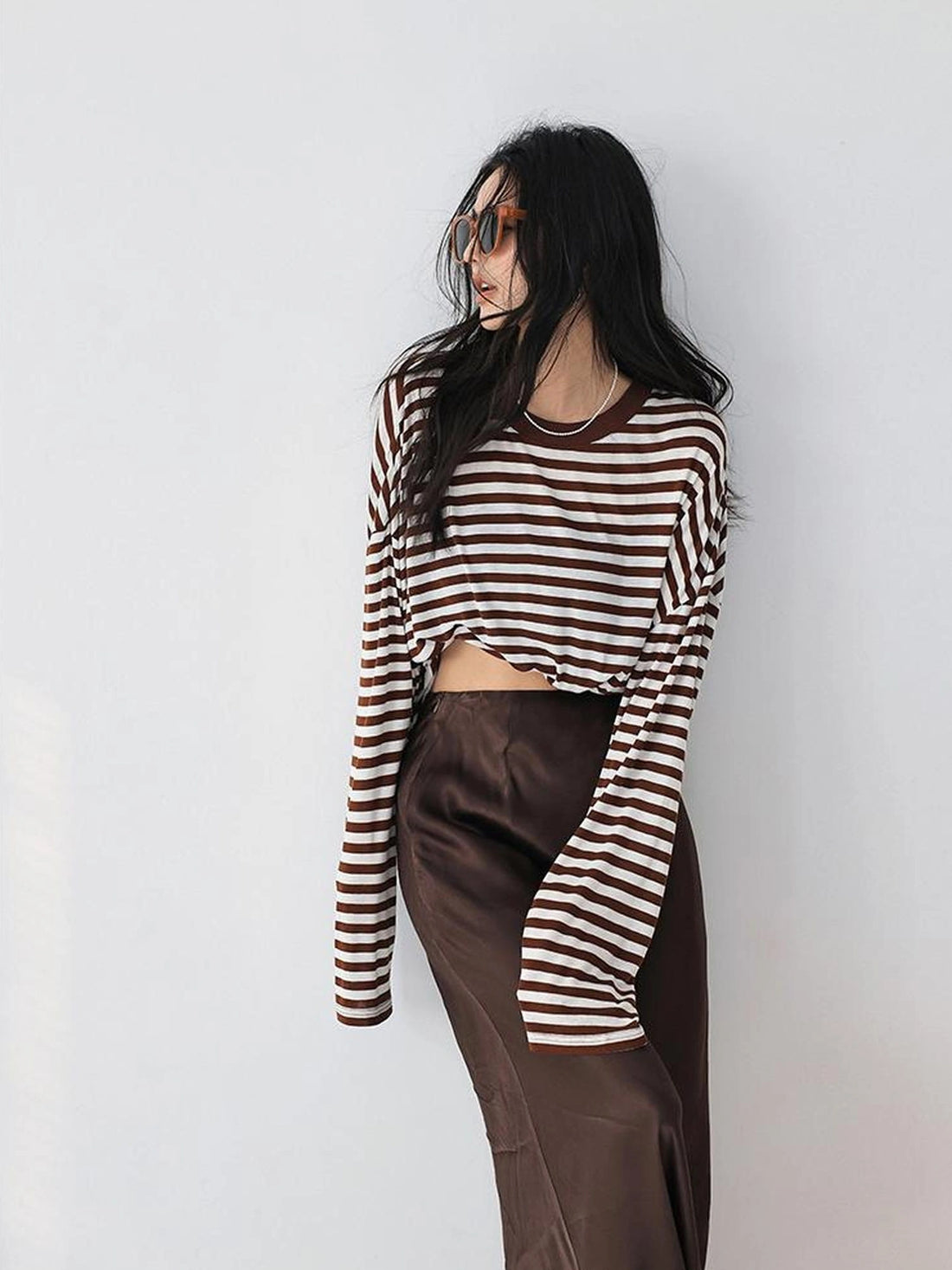 FU FRESH UP Relaxed Stripe Tencel Knit V-neck T-shirt Long Sleeve Tee