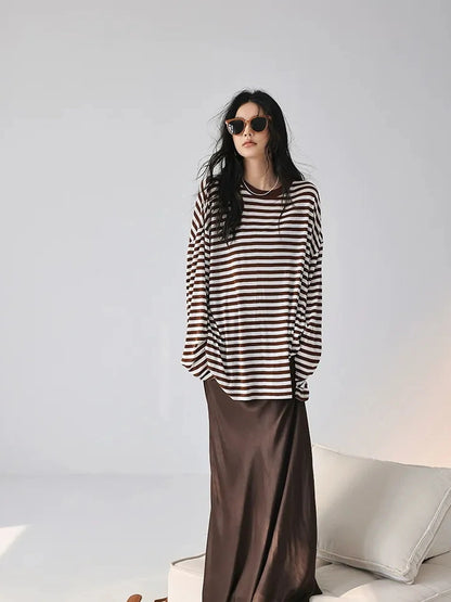 FU FRESH UP Relaxed Stripe Tencel Knit V-neck T-shirt Long Sleeve Tee
