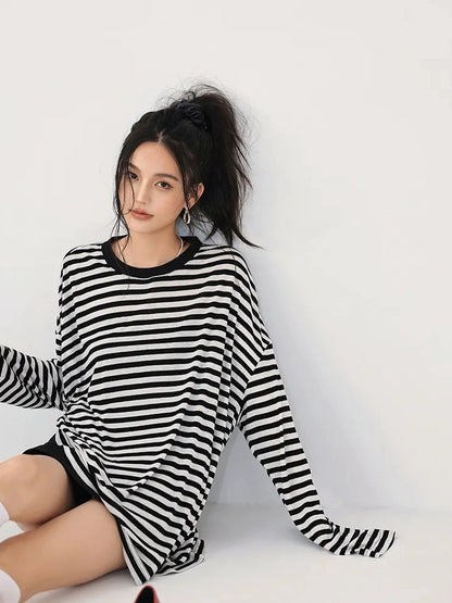 FU FRESH UP Relaxed Stripe Tencel Knit V-neck T-shirt Long Sleeve Tee