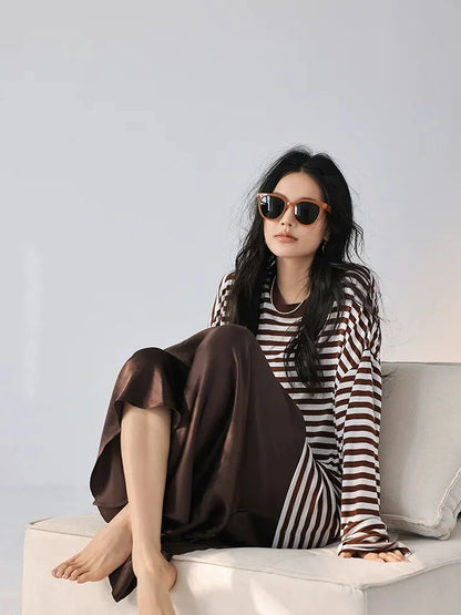 FU FRESH UP Relaxed Stripe Tencel Knit V-neck T-shirt Long Sleeve Tee