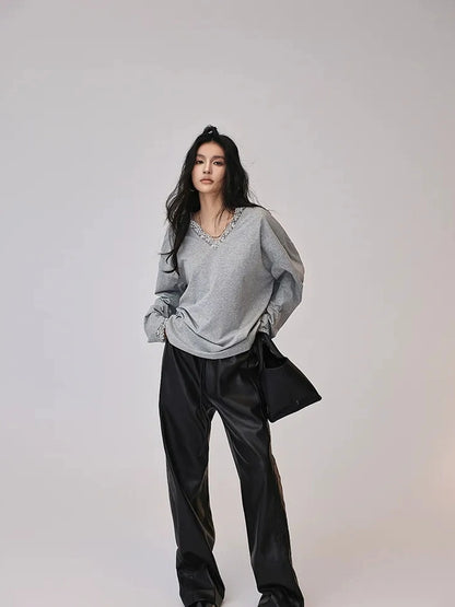 FU FRESH UP Retro Color Block Pu Straight Leg Pants