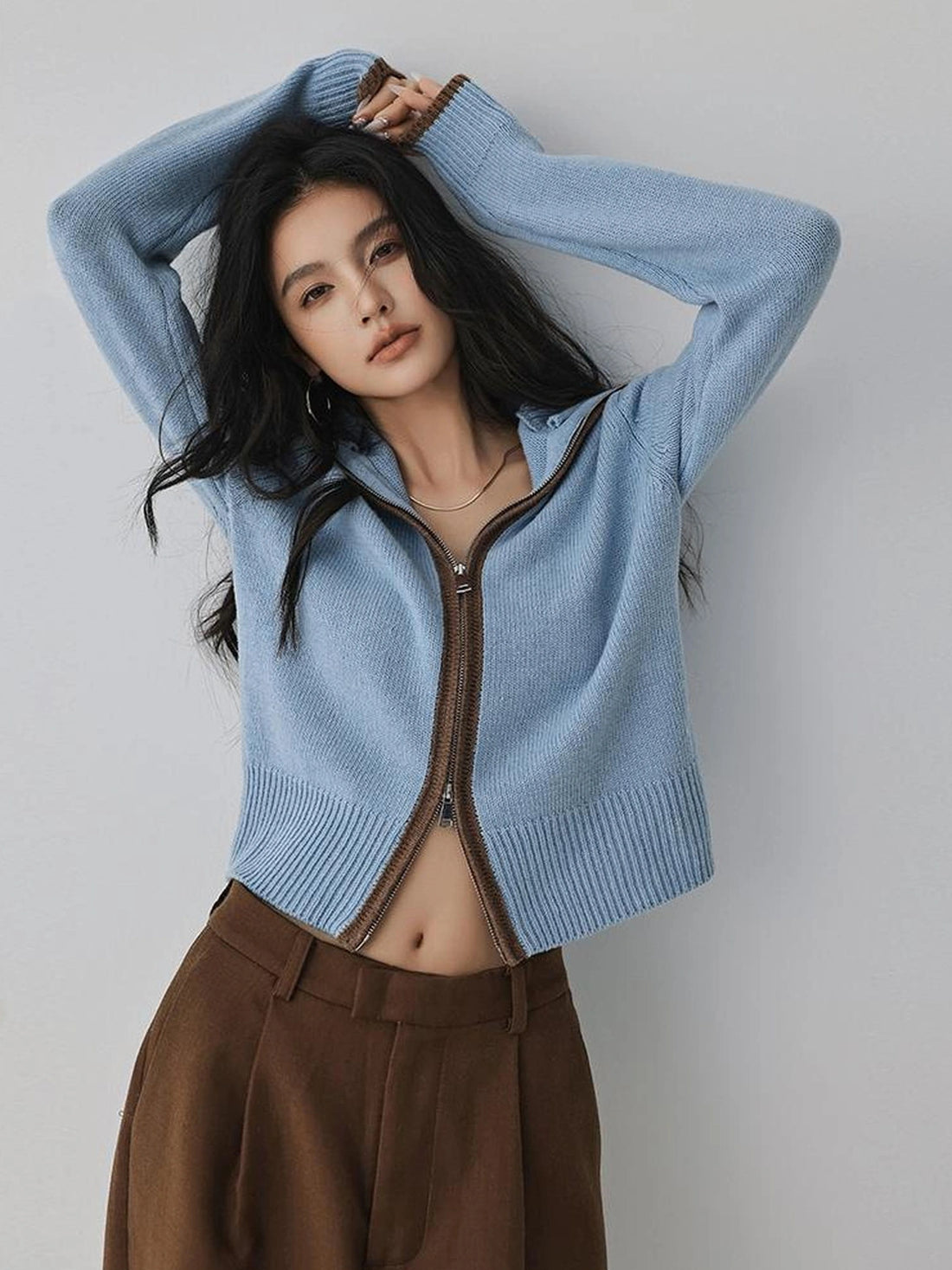 FU FRESH UP Retro Color Block Zip Up Wool Cardigan
