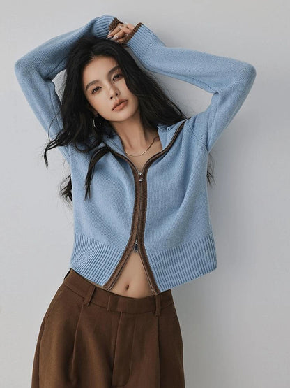 FU FRESH UP Retro Color Block Zip Up Wool Cardigan
