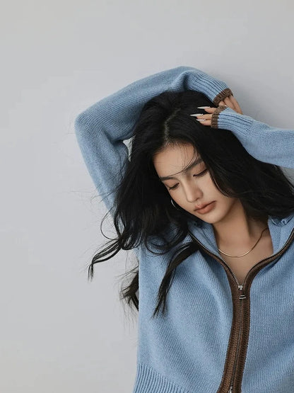 FU FRESH UP Retro Color Block Zip Up Wool Cardigan
