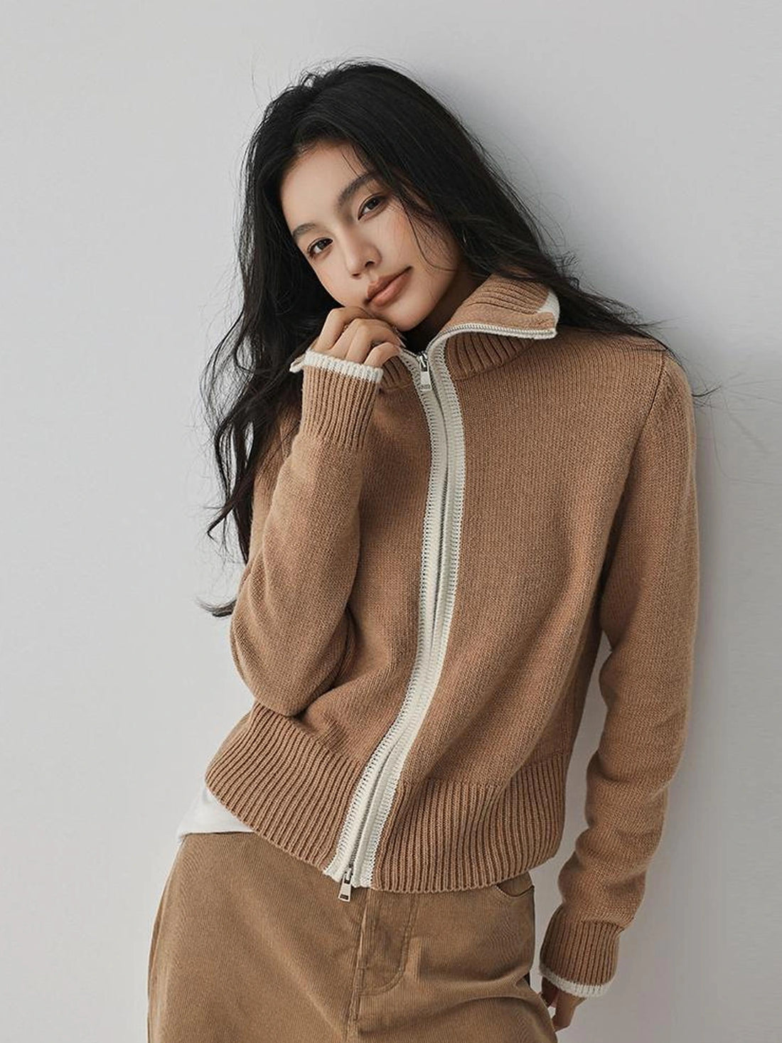 FU FRESH UP Retro Color Block Zip Up Wool Cardigan